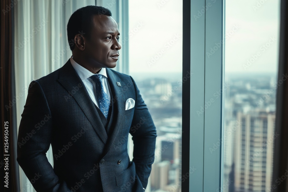 Business professional gazing out of a window in a formal setting during a sunny day Business professional gazing out of a window in a formal setting during a sunny day