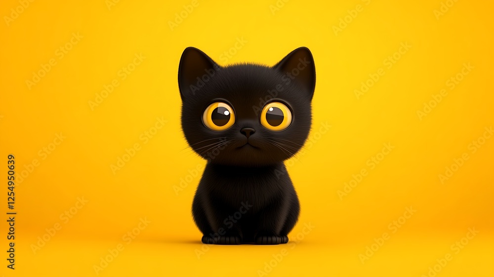 A stylized, adorable black kitten with large, round yellow eyes sits centered against a solid, bright yellow background, creating a simple yet captivating image. A stylized, adorable black kitten with large, round yellow eyes sits centered against a solid, bright yellow background, creating a simple yet captivating image.