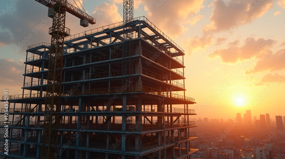 High-Rise Building Under Construction with Tower Crane at Sunset Over City Skyline
High-Rise Building Under Construction with Tower Crane at Sunset Over City Skyline