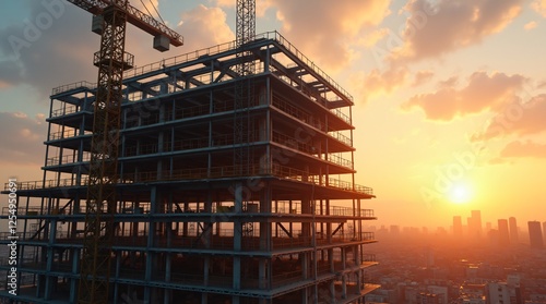 High-Rise Building Under Construction with Tower Crane at Sunset Over City Skyline

 photo