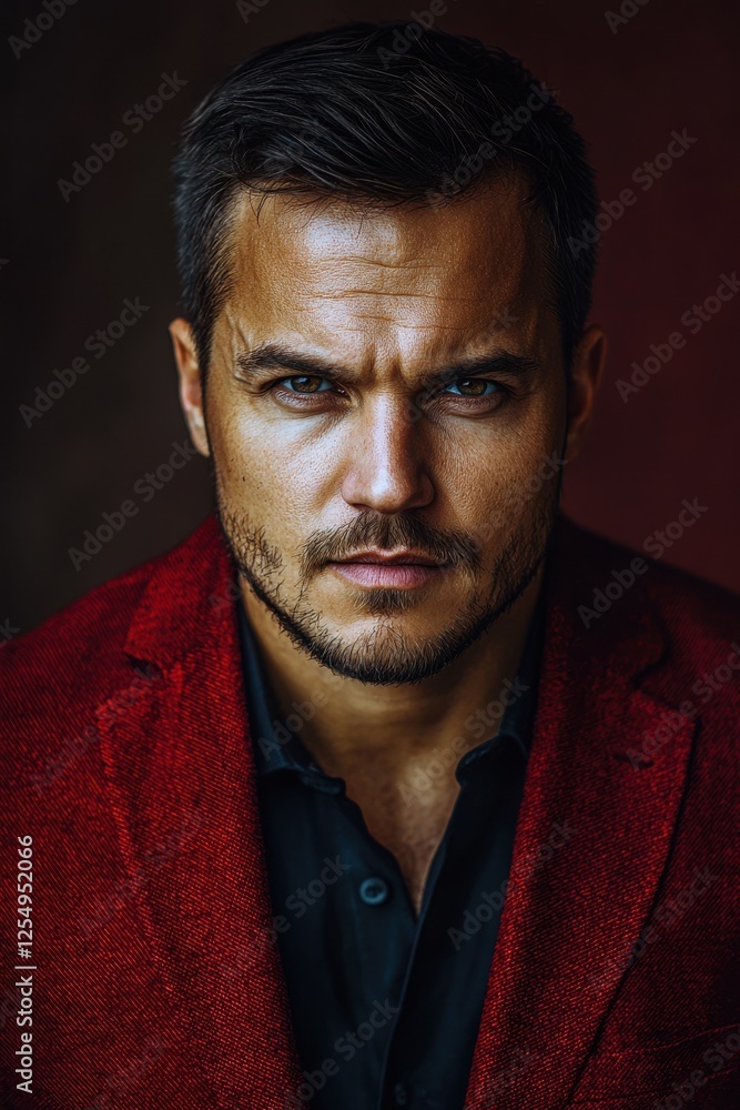 Fototapeta premium Man in a red blazer gazing intensely with a serious expression against a dark background during a studio session