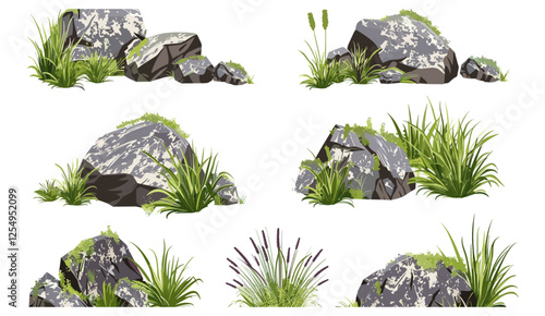vector illustration, rock and grass meadow, nature layout, outdoor scenery, transparent backgrounds, natural elements, serene landscape, spring collection, wild fields
