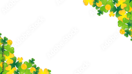 Green clover and gold coins background for St. Patrick's Day. Ornament of clover leaves and gold coins that bring good luck and happiness. Transparent background.