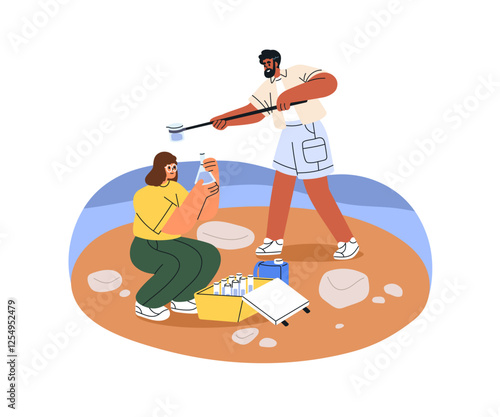 Taking water sample for research and quality analysis. Ecology and nature study. Scientists, sea contamination and pollution control, check, test. Flat vector illustration isolated on white background