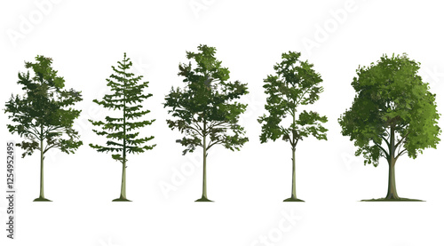 Isolated eco growth tall trees vector illustration on transparent backgrounds png, nature, green landscape, forest, woodland, foliage, plant, environment, sustainability, reforestation,