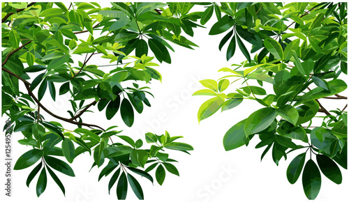 Isolated rainforest tree branches, vector illustration, transparent background, tropical greenery, jungle leaves, exotic forest plants, botanical nature, lush foliage, eco-friendly design, nature art