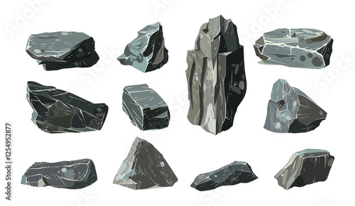 Isolated stones, sharp rock formations, various shapes, vector illustration, cutout, transparent PNG, abstract boulders, natural stone textures, 3D stone objects, stone fragments, landscaping