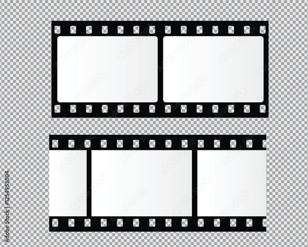 Obraz premium Cinema Film strips reel templates. Retro film strip frame element isolated on transparent background. Video or movie film vintage analog cinema, photograph camera. Abstract vector illustration