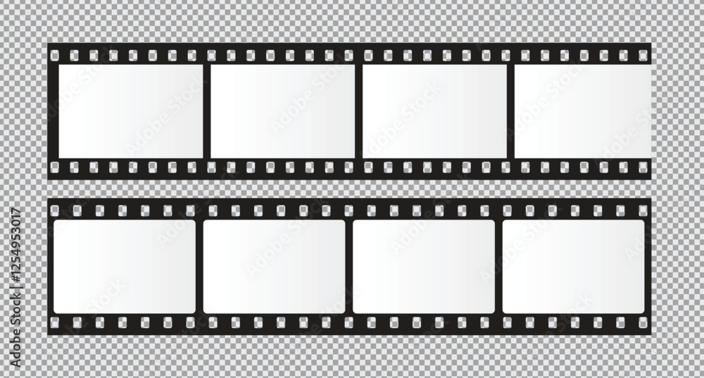 Cinema Film strips reel templates. Retro film strip frame element isolated on transparent background. Video or movie film vintage analog cinema, photograph camera. Abstract vector illustration
Cinema Film strips reel templates. Retro film strip frame element isolated on transparent background. Video or movie film vintage analog cinema, photograph camera. Abstract vector illustration