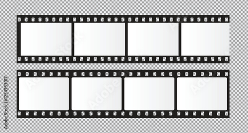 Cinema Film strips reel templates. Retro film strip frame element isolated on transparent background. Video or movie film vintage analog cinema, photograph camera. Abstract vector illustration
