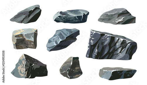Vector illustration, sharp rock formations, isolated stones, cutout PNG, transparent background, geological structures, abstract stone elements, construction graphics, natural rock