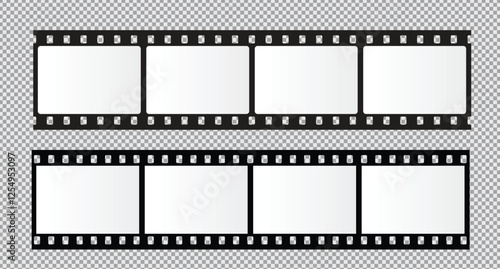 Cinema Film strips reel templates. Retro film strip frame element isolated on transparent background. Video or movie film vintage analog cinema, photograph camera. Abstract vector illustration
