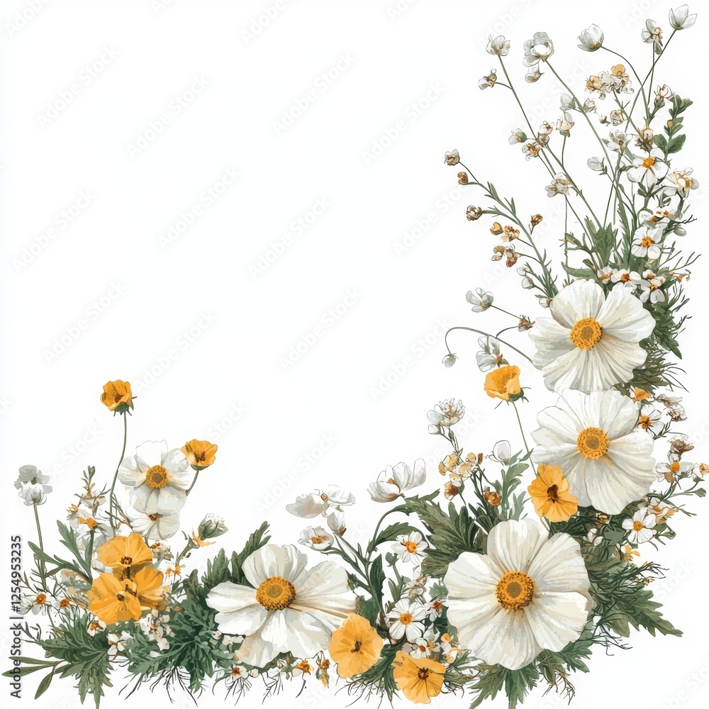 Fototapeta premium Elegant Floral Corner Arrangement with White and Yellow Blooms, Delicate Green Leaves, and Soft Background