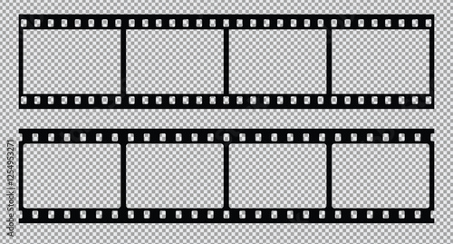 Cinema Film strips reel templates. Retro film strip frame element isolated on transparent background. Video or movie film vintage analog cinema, photograph camera. Abstract vector illustration

