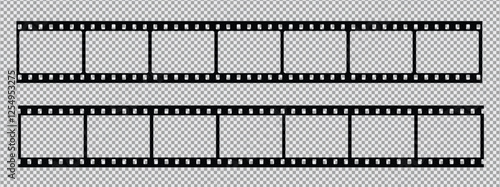 Cinema Film strips reel templates. Retro film strip frame element isolated on transparent background. Video or movie film vintage analog cinema, photograph camera. Abstract vector illustration
