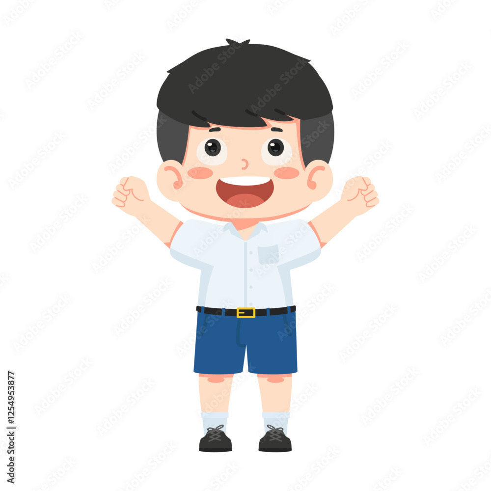 A cheerful schoolboy lifting his arms in delight A cheerful schoolboy lifting his arms in delight