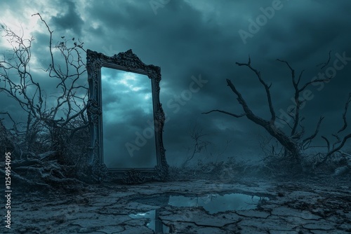 Eerie landscape with an ornate mirror  a gothic horror scene of darkness and mystery