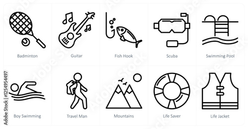 A set of 10 travel icons as badminton, guitar, fish hook