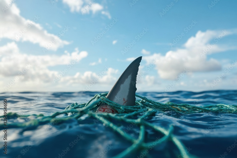 Fototapeta premium Shark fin trapped in fishing net, ocean plastic pollution, blue water, cloudy sky.