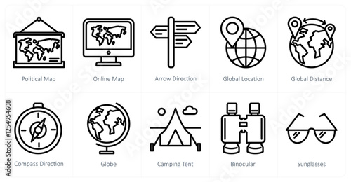 A set of 10 travel icons as political map, online map, arrow direction