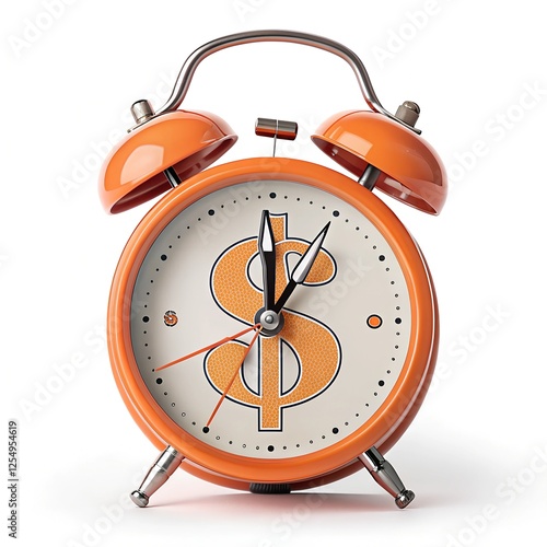 A vibrant orange alarm clock featuring a dollar sign in the center, symbolizing the connection between time and money white or transparent backrgound photo