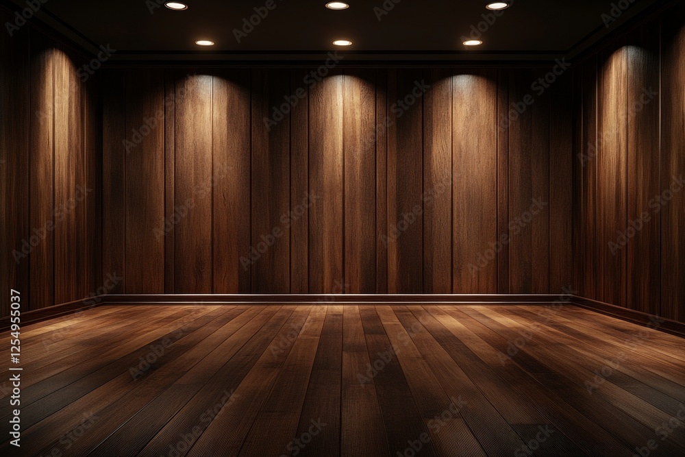 custom made wallpaper toronto digitalEmpty room with wooden walls and floor, illuminated by spotlights.