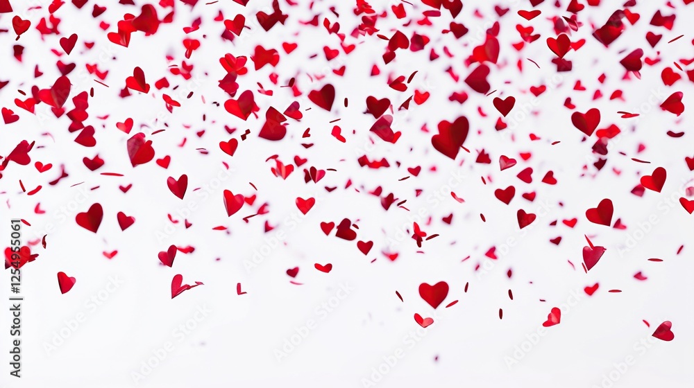 Red Hearts Falling Like Confetti on a White Background in a Minimalistic Flat Design Style Red Hearts Falling Like Confetti on a White Background in a Minimalistic Flat Design Style