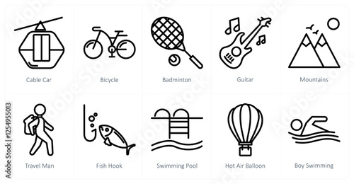 A set of 10 travel icons as cable car, bicycle, badminton