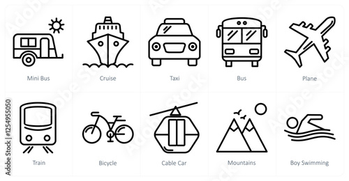 A set of 10 travel icons as mini bus, cruise, taxi
