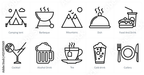 A set of 10 travel icons as camping tent, barbecue, mountains