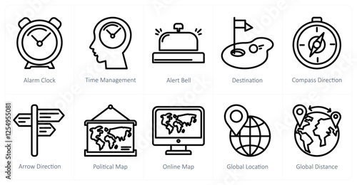 A set of 10 travel icons as alarm clock, time management, alert bell