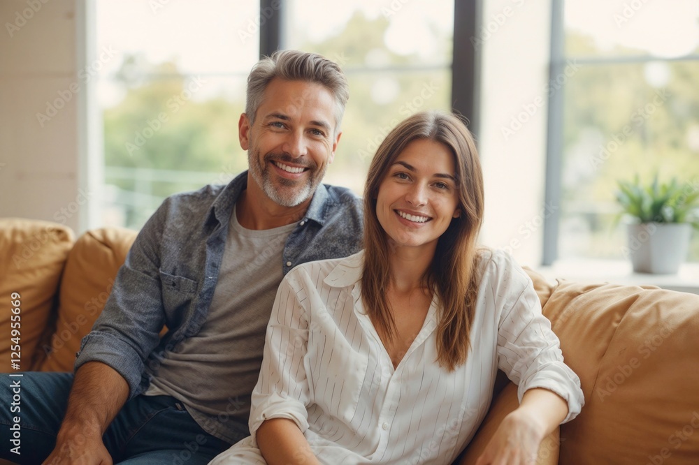 Portrait of happy couple relaxing in sofa at home and looking at camera Portrait of happy couple relaxing in sofa at home and looking at camera