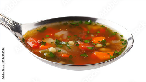 High sodium in soup concept. Delicious Homemade Vegetable Soup in a Silver Spoon Close Up Shot photo