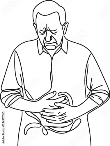 Elderly Man Stomach Pain Line Art Illustration