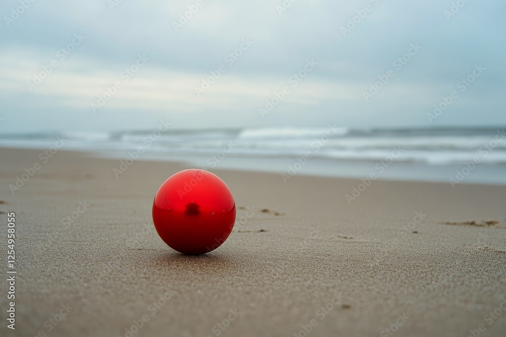 Red ornament resting on sandy beach during winter afternoon Red ornament resting on sandy beach during winter afternoon
