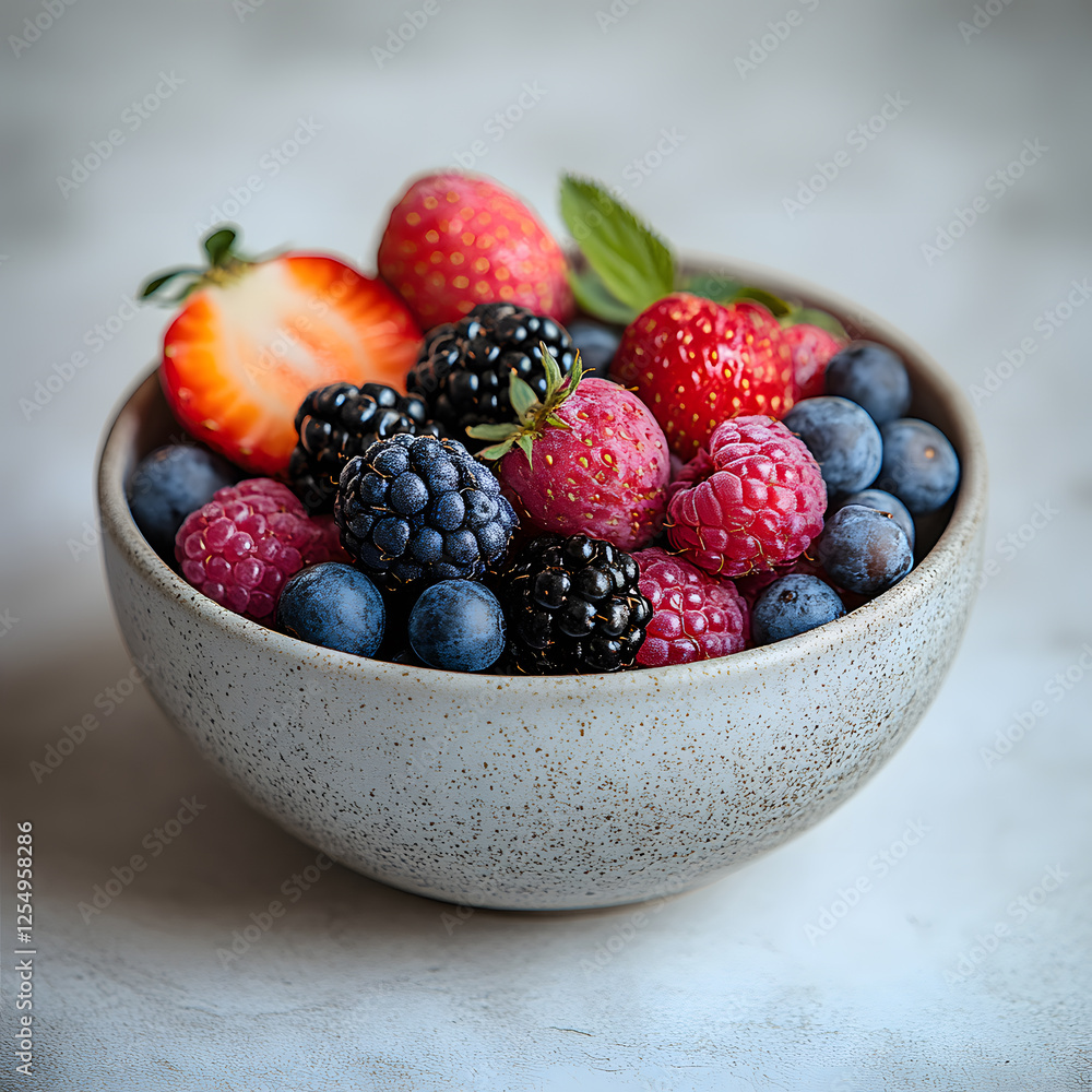 A bowl of assorted blueberries, strawberries, raspberries, and blackberries sits on a light surface A bowl of assorted blueberries, strawberries, raspberries, and blackberries sits on a light surface