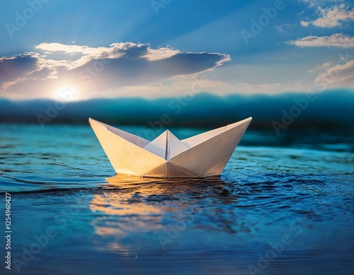 Travel, vacation, and holiday. An origami paper boat sailing on the water. Exploring the concept of tourism, travel, and adventure. A symbolic journey of discovery and exploration. Perfect representat photo