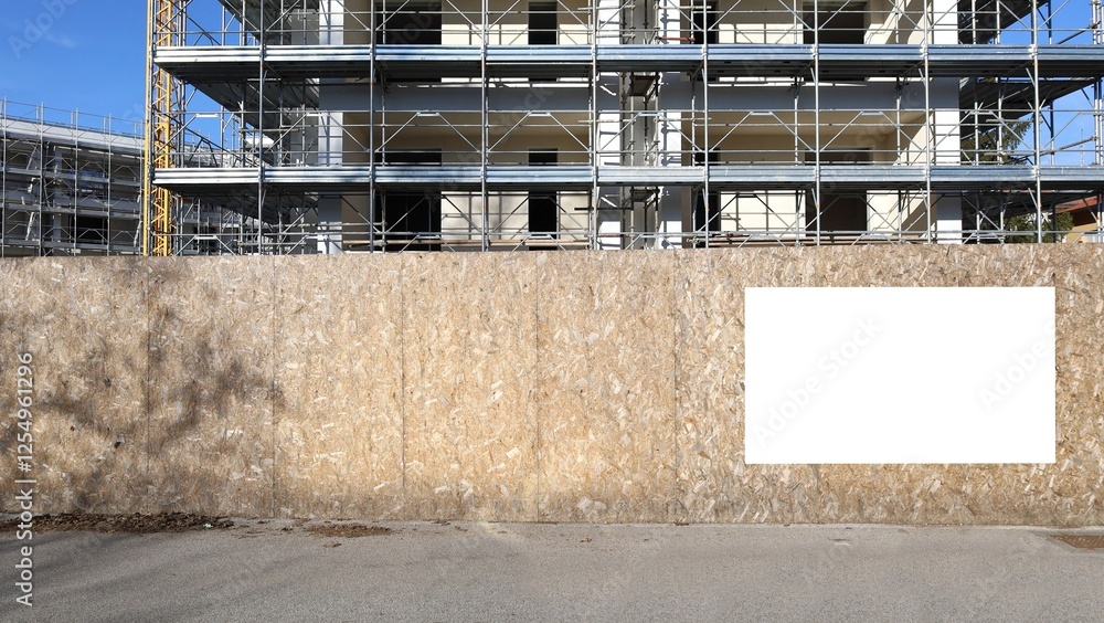 custom made wallpaper toronto digitalFence outside the construction site with a blank information board on the right. New building covered by scaffolding on behind. Background for copy space.