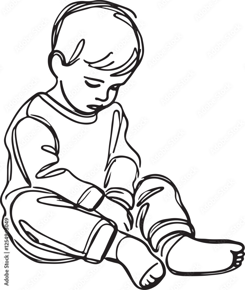 Line Art of Sad Toddler Sitting on the Floor Line Art of Sad Toddler Sitting on the Floor
