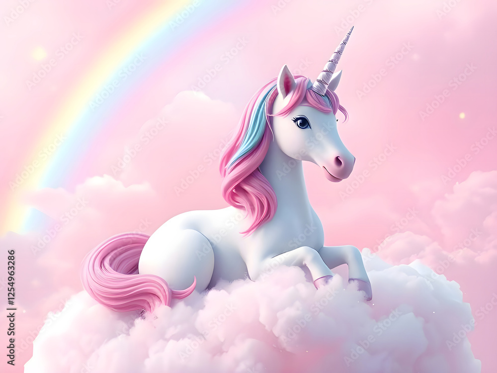 Fototapeta premium A whimsica pastel rainbow unicorn background shines with sparkling stars against a soft, pink fantasy sky. Fairy iridescent gradient backdrop.