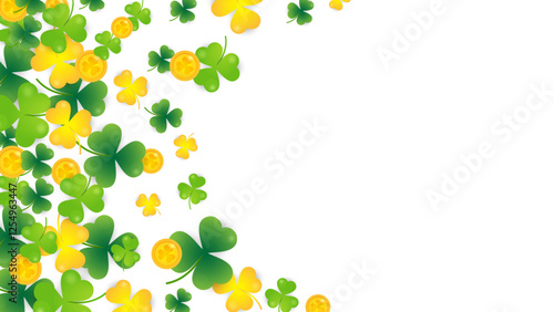 Green clover and gold coins background for St. Patrick's Day. Ornament of clover leaves and gold coins that bring good luck and happiness. Transparent background.