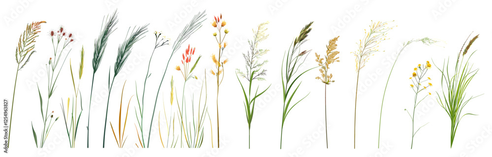 Meadow grass flowers vector illustration close up, nature shapes png file on transparent background, floral design, wildflowers, spring landscape, natural elements, vibrant meadow Meadow grass flowers vector illustration close up, nature shapes png file on transparent background, floral design, wildflowers, spring landscape, natural elements, vibrant meadow