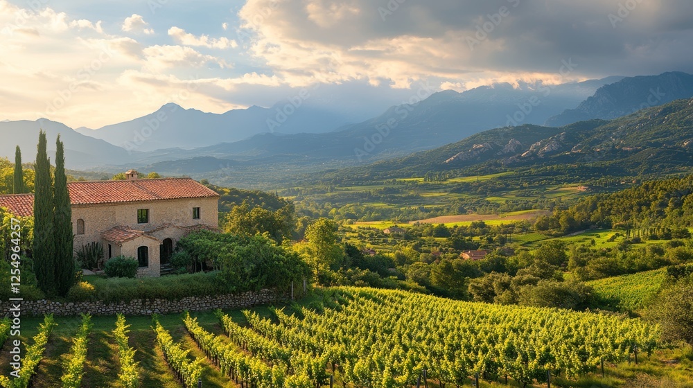 Fototapeta premium Breathtaking panoramic view of a mediterranean vineyard valley surrounded by majestic mountains