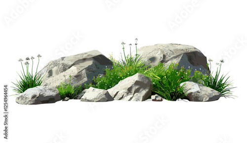 Realistic nature illustration, vector rocks, flowers, grass, isolated background, natural landscape, serene outdoor view, beautiful grass, scenic nature, tranquil environment
