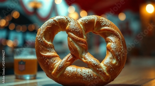 Golden pretzel on a wooden table with a glass of beer in a festive Oktoberfest setting photo