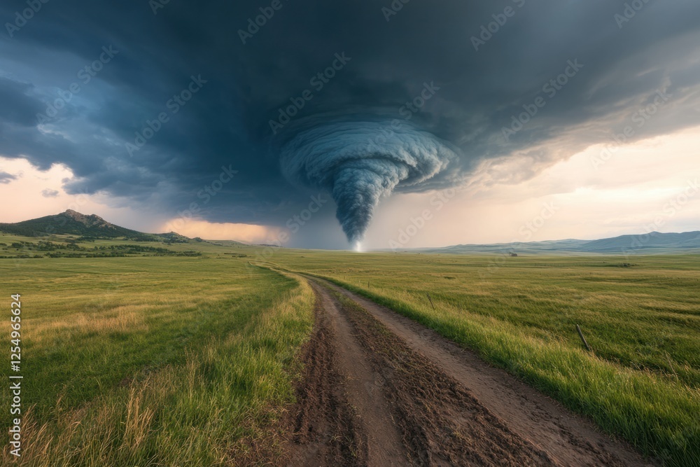 Tornado forms over lush green prairie in dramatic atmospheric display during late afternoon Tornado forms over lush green prairie in dramatic atmospheric display during late afternoon