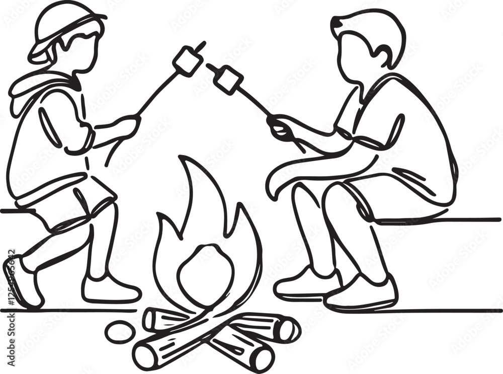 Minimalist Line Drawing of Kids Roasting Marshmallows Minimalist Line Drawing of Kids Roasting Marshmallows