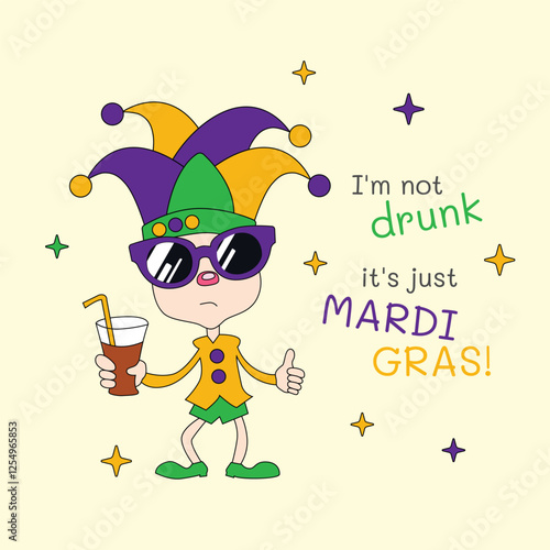Cartoon jester with Mardi Gras glasses and drink, humorous art. Mardi Gras funny illustration, drunk character in festive hat.