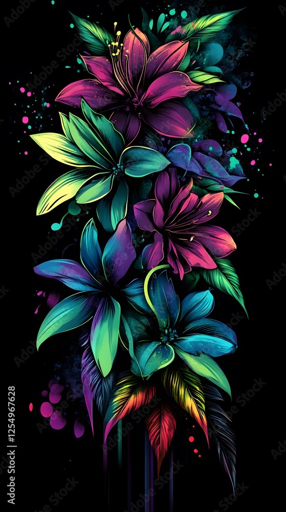 Fototapeta premium Abstract illustration of neon purple, green, and blue flowers 