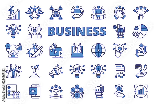 Business, icons in line design blue. Business, company, entrepreneurship, enterprise, startup, corporate, finance on white background vector. Business editable stroke icons